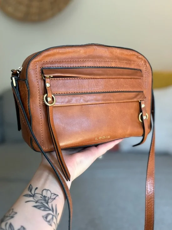 Lodis Cognac Brown Leather Crossbody Bag Adjustable Strap Vintage Texas Purse - Picture 13 of 16